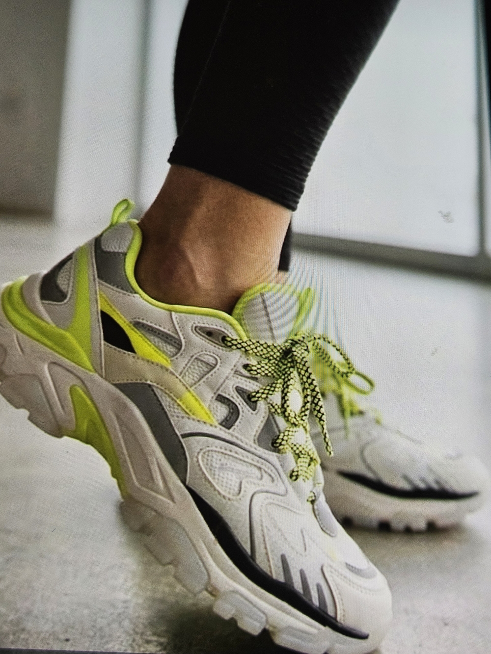 Bershka Chunky Sneakers in White, Gray & Neon Yellow